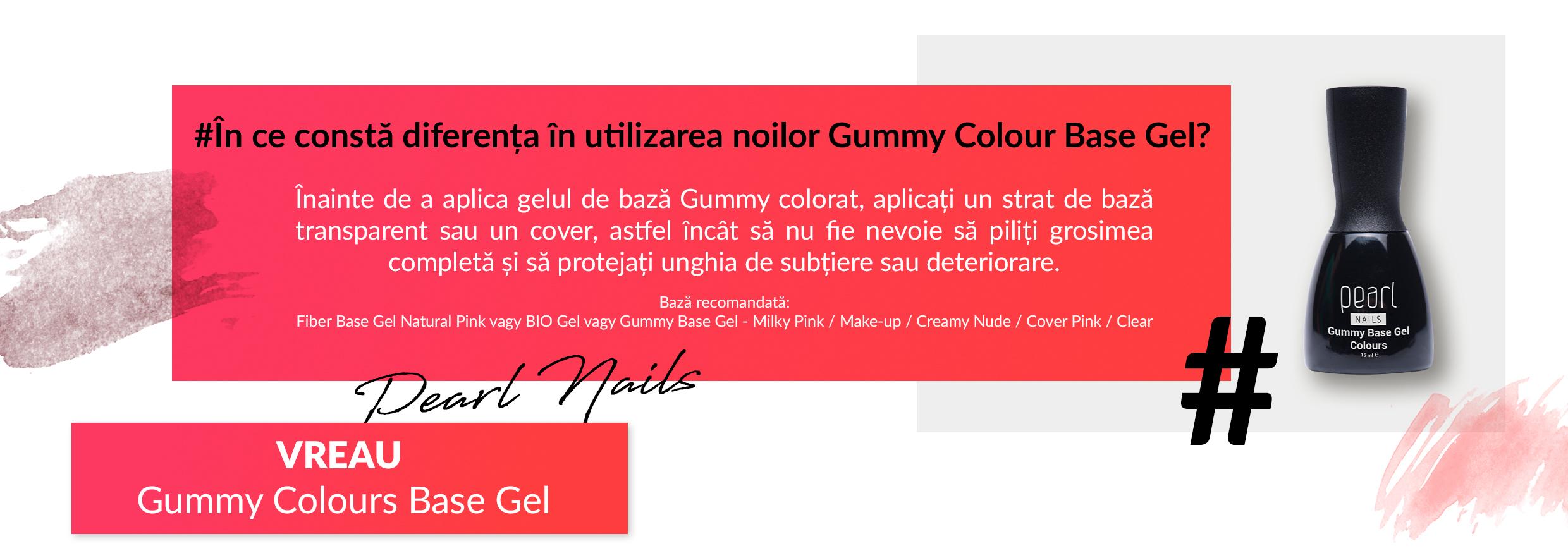 În ce constă diferența în utilizarea noilor Gummy Colour Base Gel? Înainte de a aplica gelul de bază Gummy colorat, aplicați un strat de bază transparent sau un cover, astfel încât să nu fie nevoie să piliți grosimea completă și să protejați unghia de subțiere sau deteriorare. Bază recomandată: Fibre Base Gel Natural Pink sau BIO Gel sau Gummy Base Gel - Milky Pink / Make-up / Creamy Nude / Cover Pink / Clear