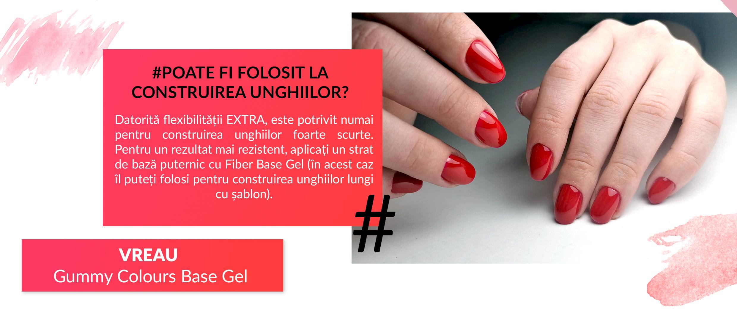 LA CE MAI POATE FI FOLOSIT? Îl poți folosi singur ca culoare, însă cu Gummy Base Gel poți crea degradeuri frumoase. Încercă-l pe un design pentru unghii babyboomer sau ombre.