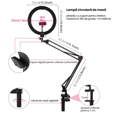 Suport telefoane tip braț reglabil cu lumină LED PULUZ PKT3089B, Streaming Live